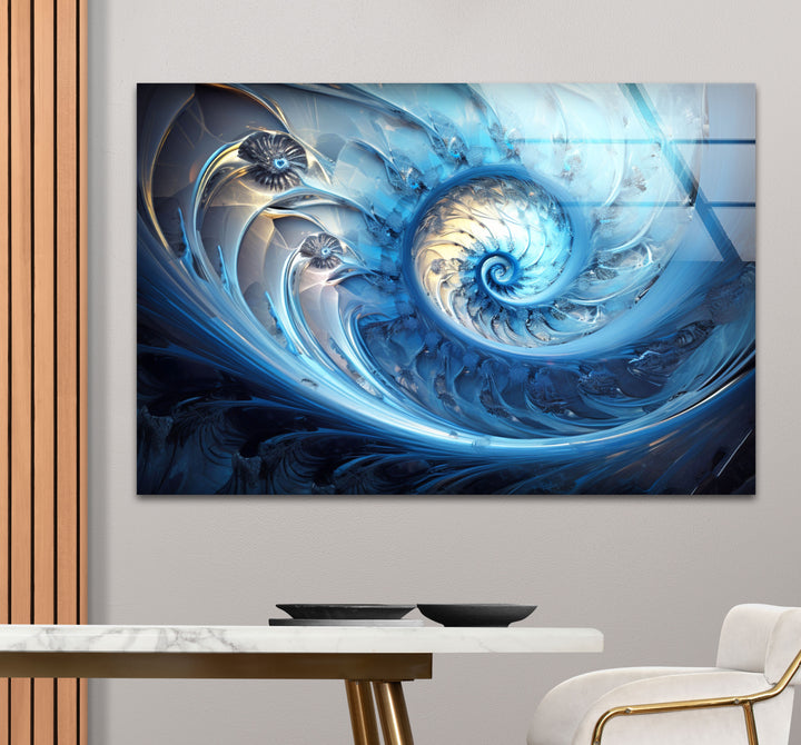 Blue Fractal Spiral Wall Art – Abstract Nautilus Glass Print for Modern Interiors