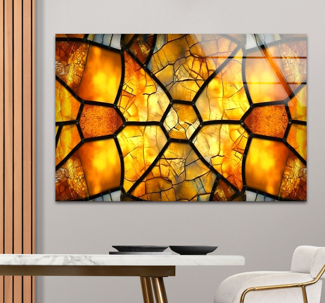Golden Honeycomb Glass Wall Art – Amber Mosaic Geometric Decor