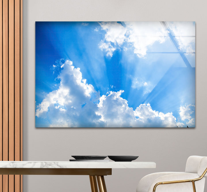 Heavenly Sky Light Rays Wall Art – Blue Cloudscape Glass Print for Uplifting Decor