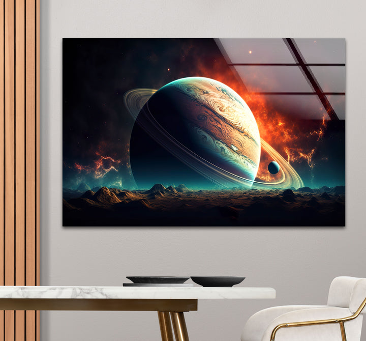 Saturn über fremdem Horizont – Planetenlandschaft, Glaswandkunst 