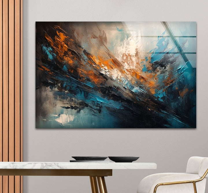 Modern Abstract Brushstroke Glass Wall Art – Teal and Copper Splash Print