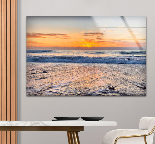 The darkest area anchors the golden horizon ocean glass wall prints, reflecting the peaceful sunset beach scene in subtle hues.