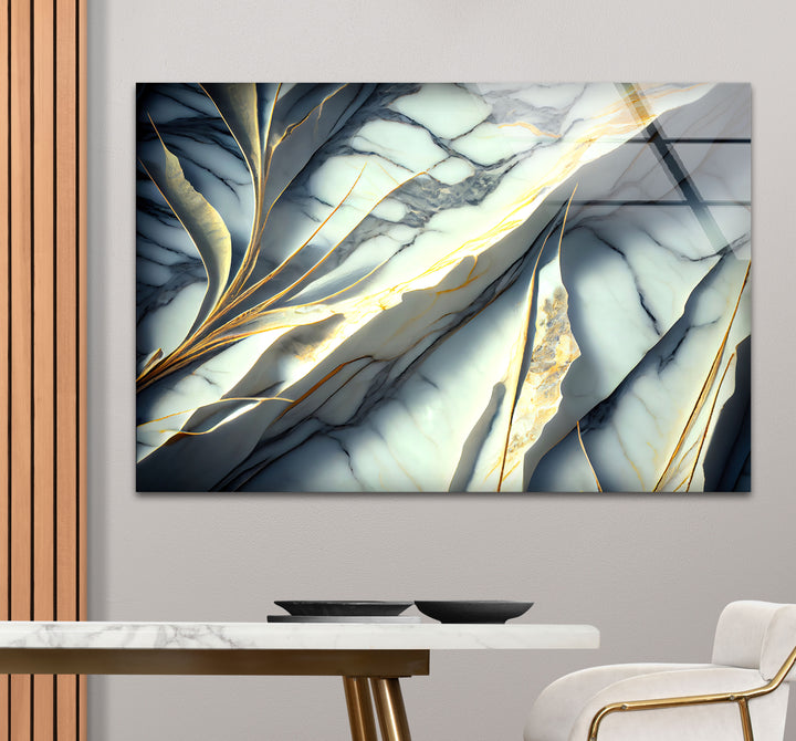 Marble Botanical Wall Art – Luxury Gold Leaf & Blue Vein Abstract Glass Print for Modern Decor