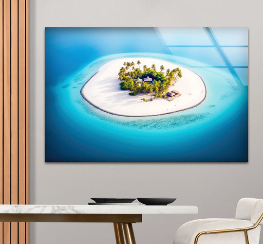 The realistic detail of this tropical island print wall art shows a breathtaking aerial beach paradise with stunning, azure waters surrounding the sandy shore.