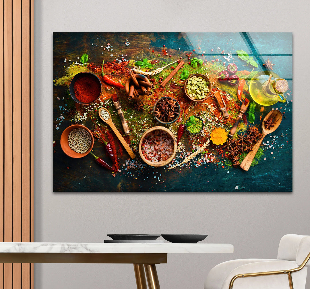 Visual rhythm is created by the arrangement of colorful spices, herbs, and wooden utensils in this rustic kitchen glass wall art prints.