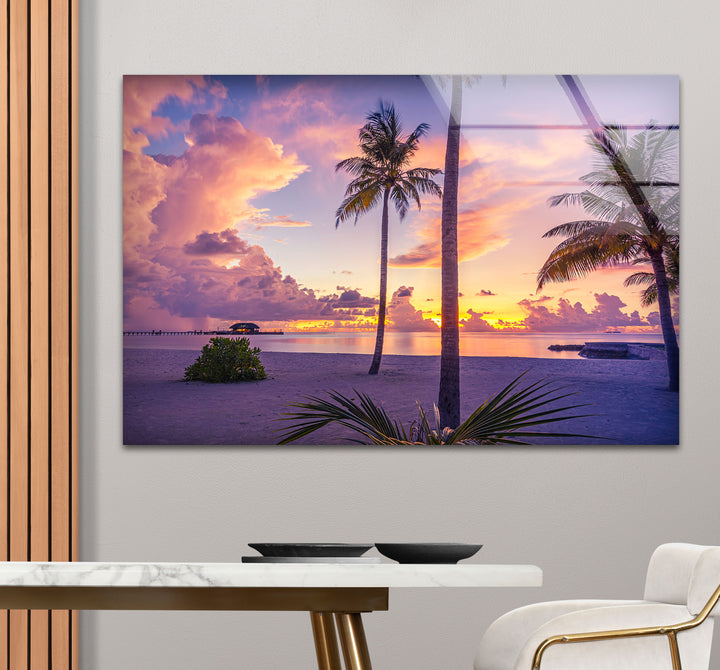 Tropical Sunset Beach Wall Art – Vibrant Palm Tree Ocean Scene Glass Print for Relaxing Home Decor