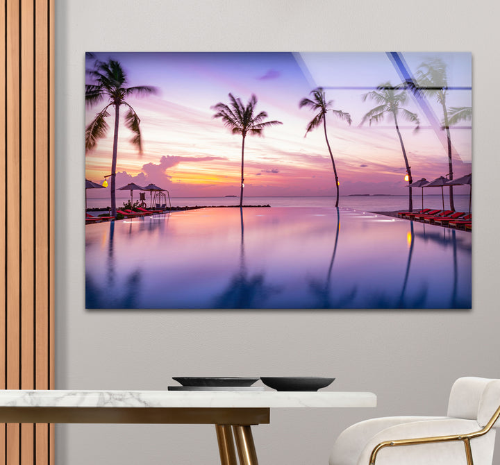 Tropical Sunset Pool Wall Art – Palm Tree Reflection Glass Print for Relaxed Interiors