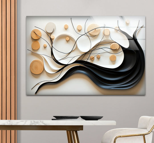Neutral abstract tree glass wall art decor with flowing black lines and wood accents.