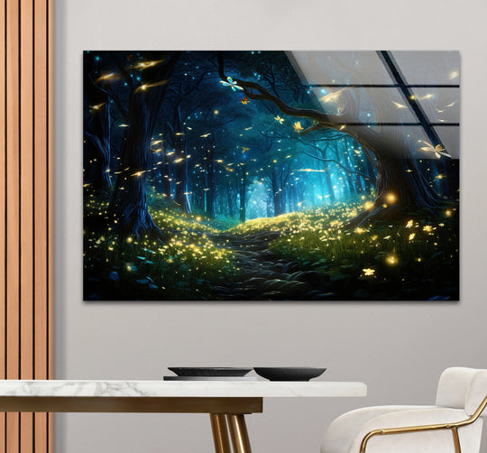 Luminescent blues and greens saturate the enchanted firefly forest glass print, creating a vibrant piece of home decor showcasing a magical night path.