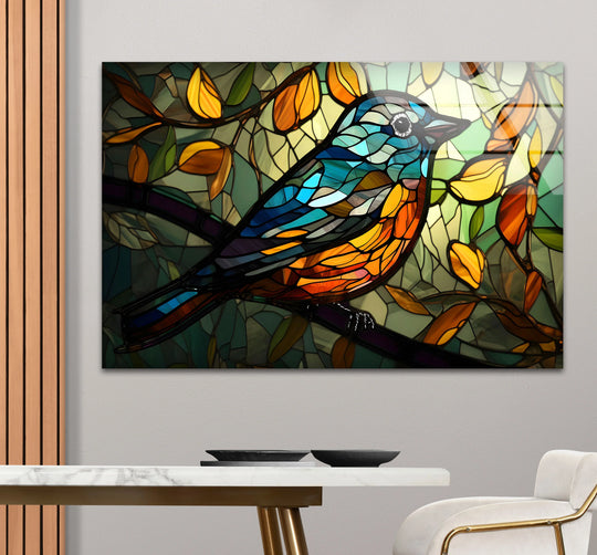 The horizontal stained glass wall art features a colorful songbird motif on a leafy branch and is nature inspired decor and ideal as birds wall art and songbird design for nature interiors