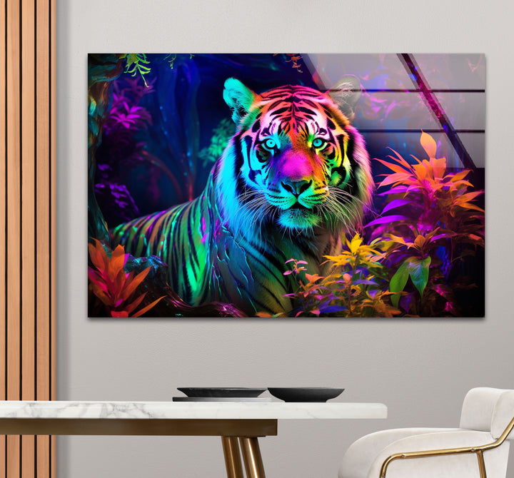Neon Jungle Tiger Wandkunst – Lebendiger Wildlife-Glasdruck für mutige Innenräume