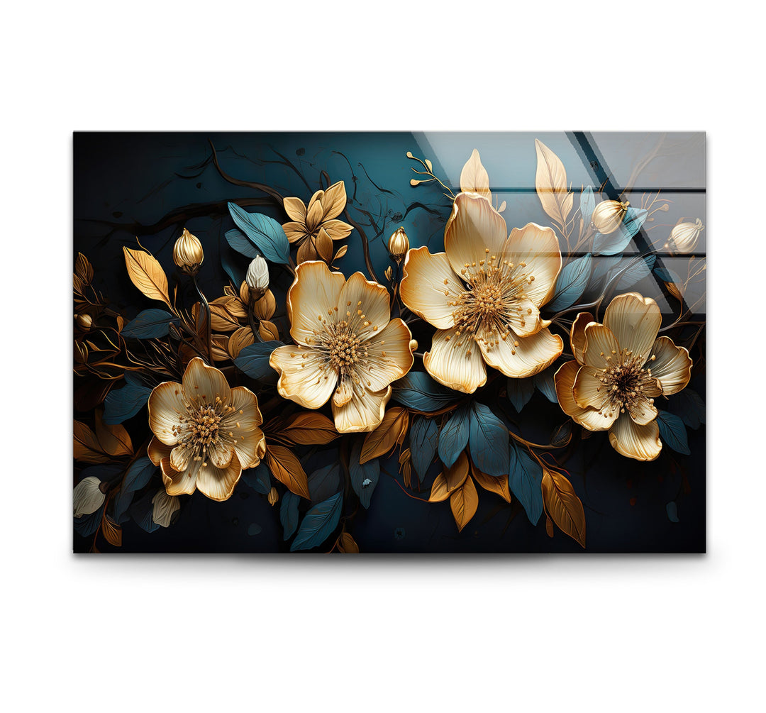 Gold & Blue Botanical Glass Wall Art custom glass pictures, glass art prints
