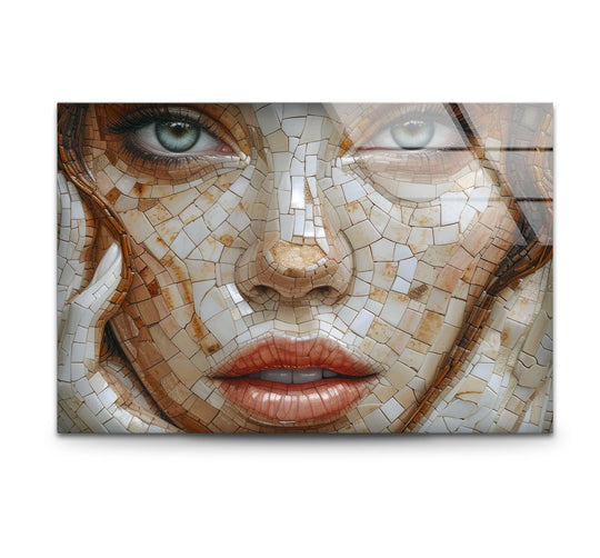 Glass wall art mosaic face design and woman art plus 8k UV printing woman wall art