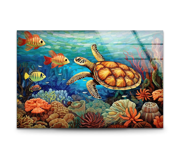 Sea Turtle & Fishes Underwater Glass Wall Art glass wall decor, glass wall art decor

