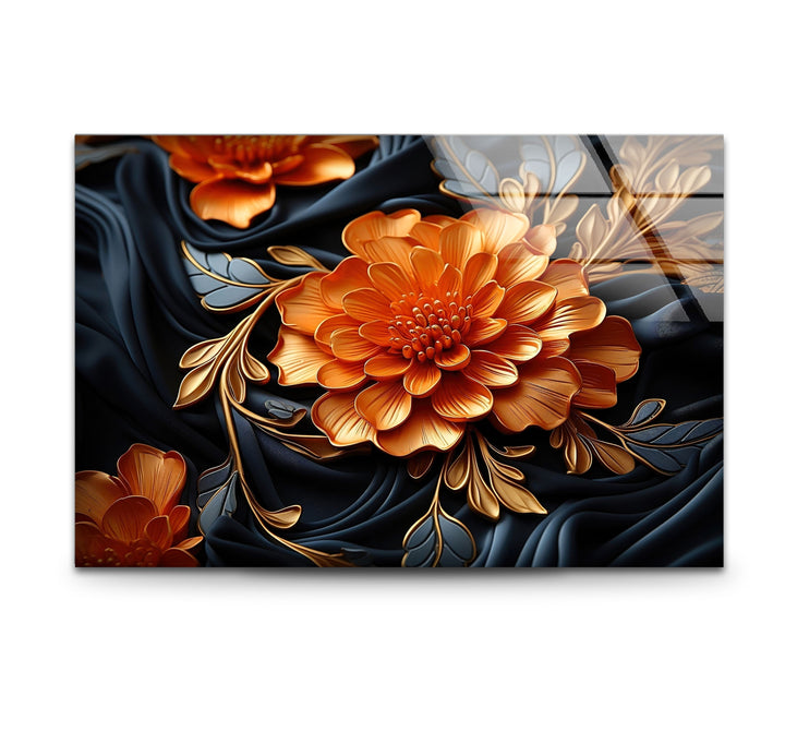 Botanical Orange & Blue Flower Glass Wall Art print picture on glass, Tempered Glass Wall Art
