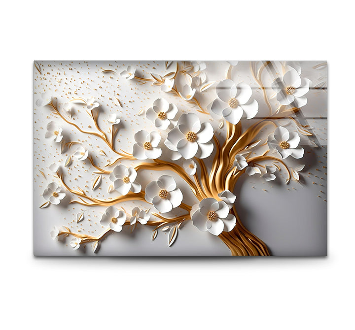  Gold and White Flower Tree Glass Wall Art custom glass photo prints, large glass prints
