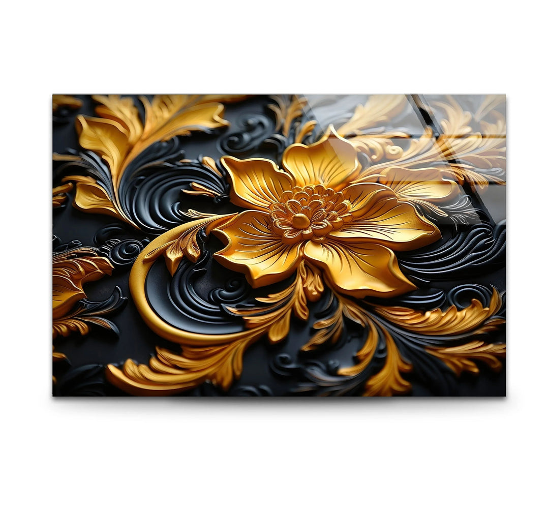 Botanical Gold & Black Flower Glass Wall Art print on glass, glass printed photos
