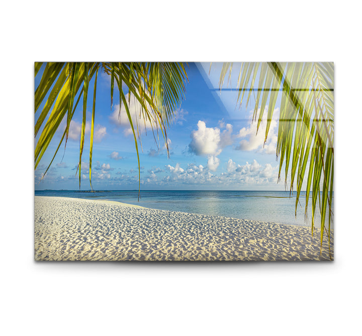 Tropical Palm Beach Wall Art – White Sand and Ocean Glass Print for Coastal Decor
