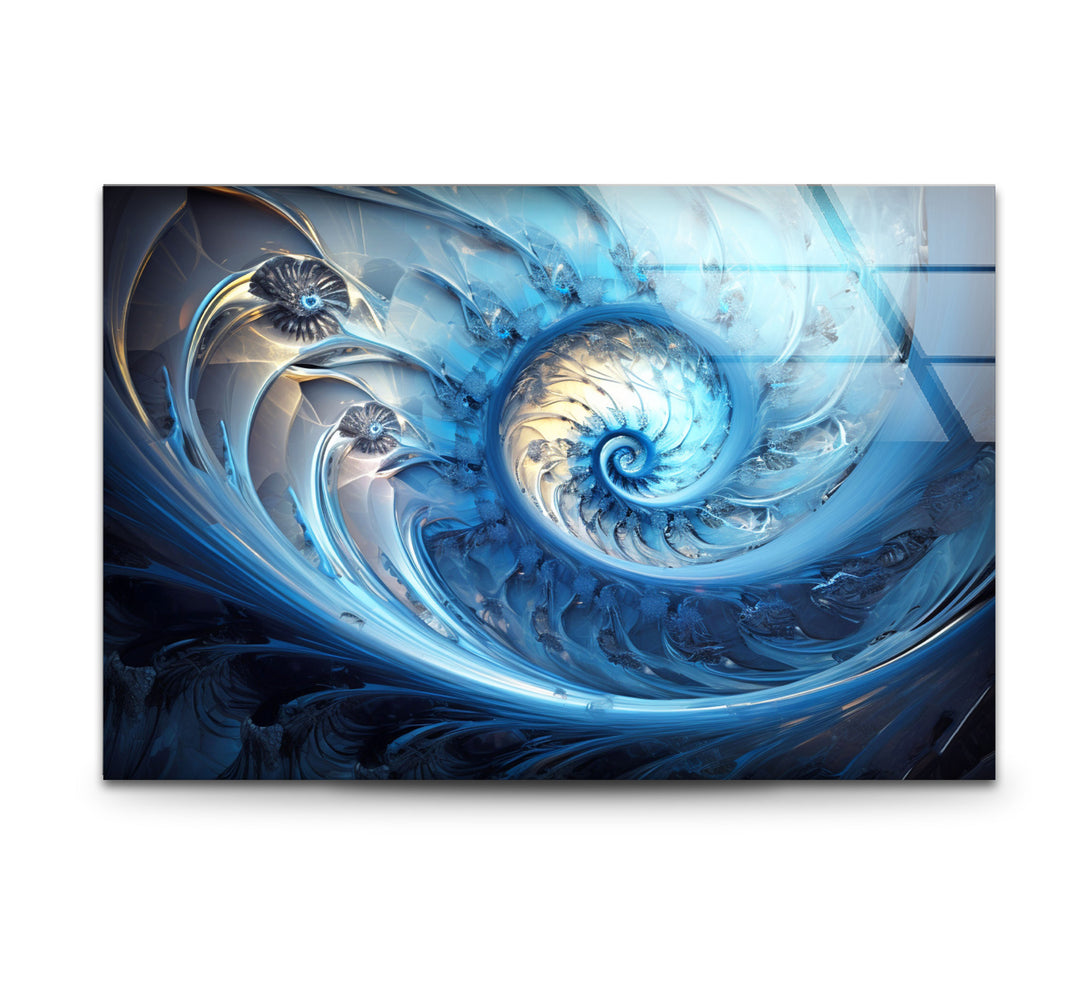 Blue Fractal Spiral Wall Art – Abstract Nautilus Glass Print for Modern Interiors