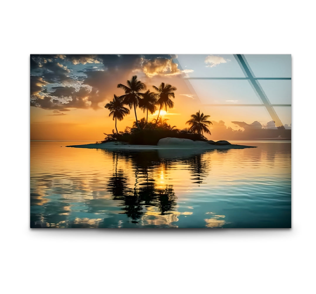 Tropical Island Sunset Wall Art – Serene Beach Glass Print for Relaxing Interiors