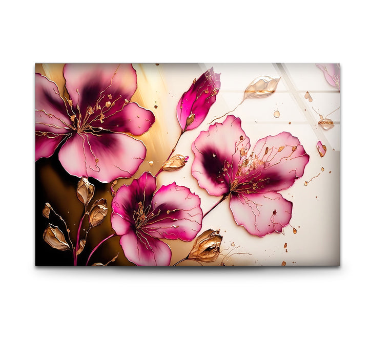Rosa florale Glaswandkunst – Elegantes goldenes Blütenblatt, modernes botanisches Dekor