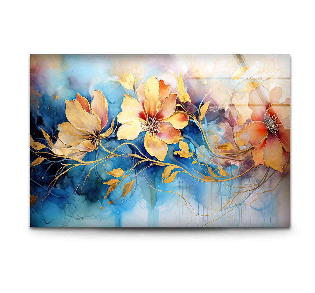 Golden Floral Fantasy Wall Art – Abstract Blue and Yellow Flower Glass Print for Elegant Interiors - MyPhotoStation