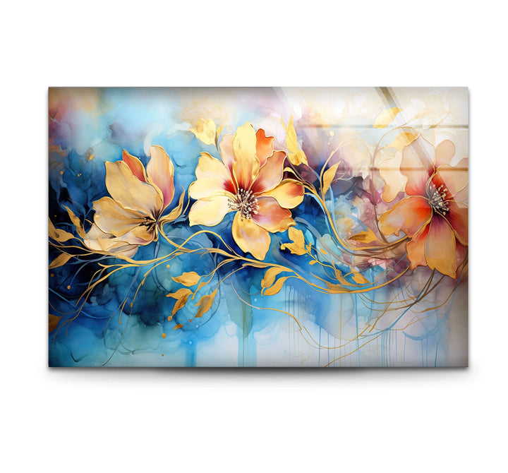 Golden Floral Fantasy Wall Art – Abstract Blue and Yellow Flower Glass Print for Elegant Interiors - MyPhotoStation