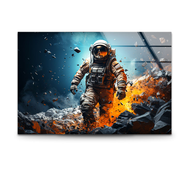Explodierende Astronauten-Wandkunst – Weltraum-Feuer- und Steinglasdruck für mutige Innenräume