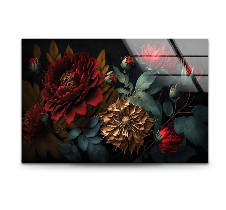 Dark Floral Elegance Wall Art – Red & Gold Botanical Glass Print