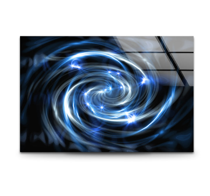 Spiralgalaxie-Wandkunst aus Glas – Blauer kosmischer Wirbel mit Sternenexplosionen