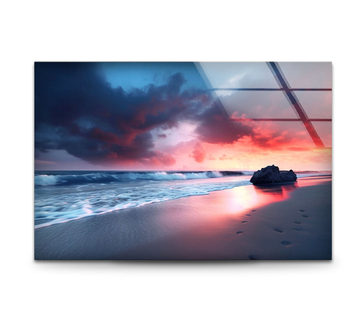 Dramatic Sunset Beach Wall Art – Stormy Sky and Footprints Glass Print for Bold Decor