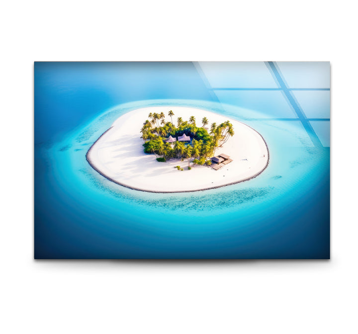 Tropical Island Wall Art – Aerial Beach Paradise Glass Print for Coastal Interiors