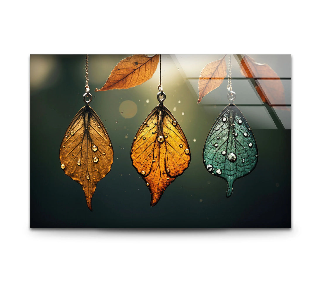 Autumn Dew Leaf Wall Art – Elegant Nature-Inspired Print with Golden & Teal Hues - MyPhotoStation