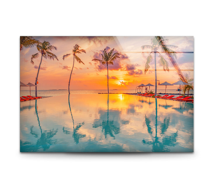 Luxury Tropical Sunset Wall Art – Infinity Pool & Palm Tree Glass Print for Coastal and Resort-Inspired Interiors