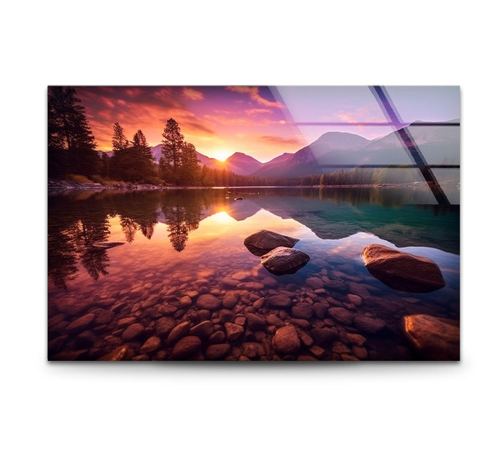 Bergsee Sonnenuntergang Wandkunst – Ruhige Natur Glas Landschaft Dekor