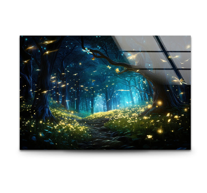 Enchanted Firefly Forest Wall Art – Magical Night Path Glass Print for Fantasy Decor - MyPhotoStation