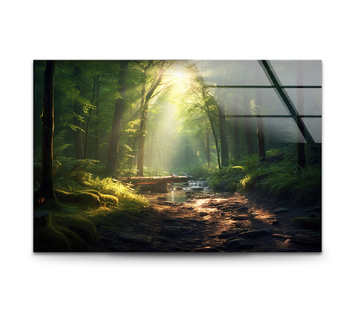 Sunlit Forest Stream Wall Art – Peaceful Nature Path Glass Print for Calming Decor