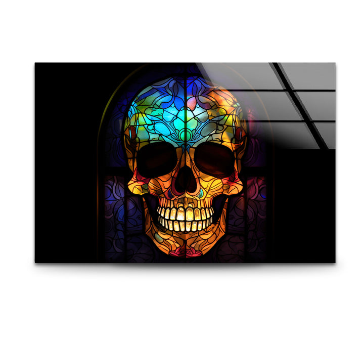 Gotischer Totenkopf Buntglas Wandkunst – Dunkles ästhetisches Fensterdesign, ausgefallene Wohndekoration 