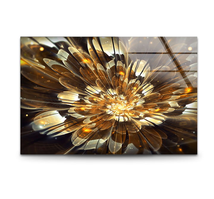Golden Bloom Burst Wall Art – Radiant Abstract Flower Glass Print