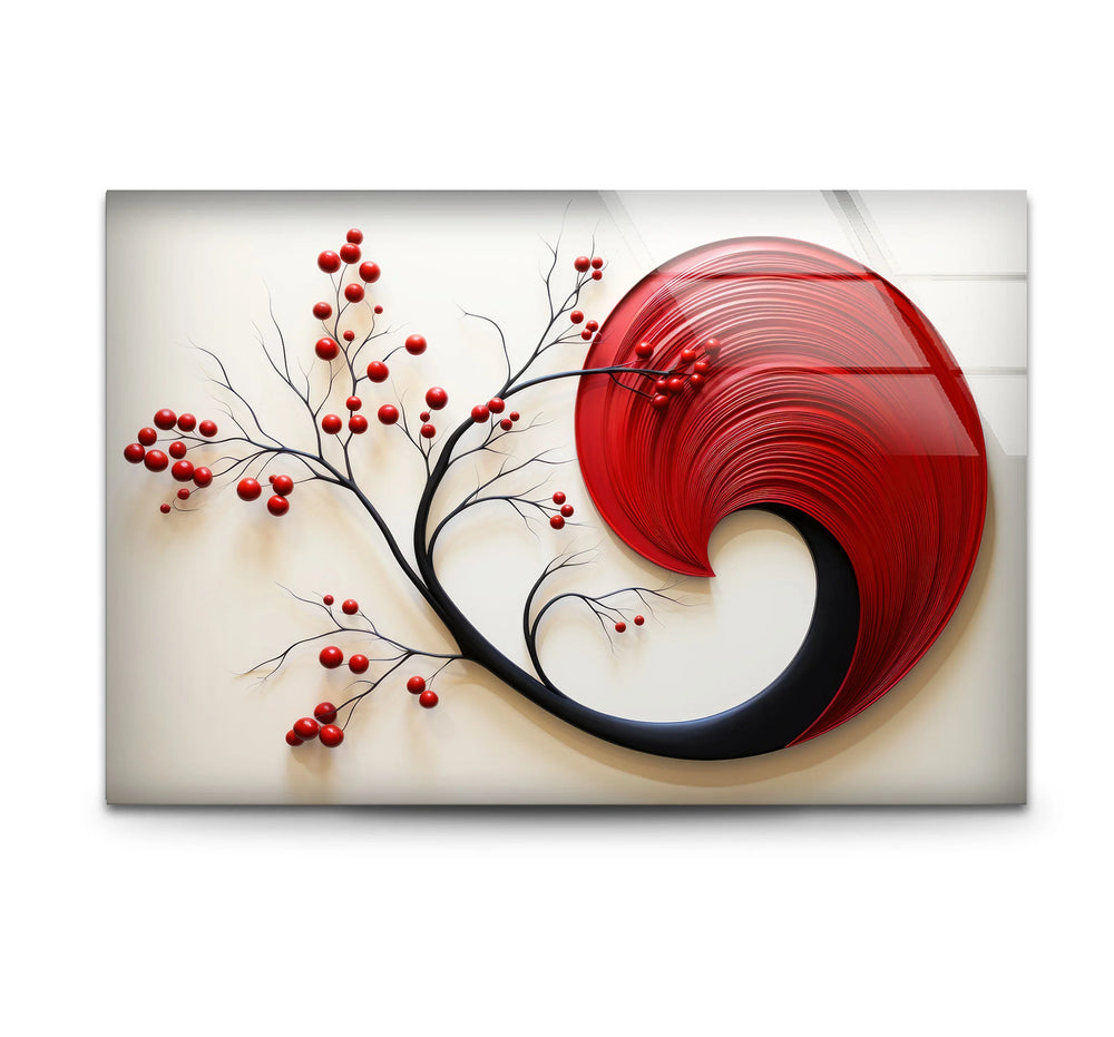 Red Abstract Botanical Wall Art – Modern Glass Decor with Cherry Elements - MyPhotoStation