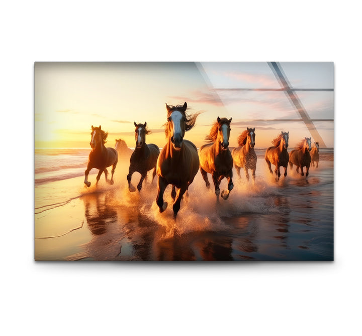 Running Horses Beach Wall Art – Sunset Coastal Glass Print for Dynamic Nature Decor