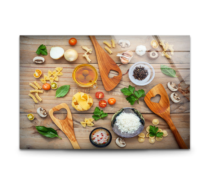 Rustic Italian Kitchen Wall Art – Culinary Glass Print Featuring Pasta, Spices & Wooden Utensils