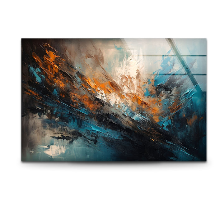 Modern Abstract Brushstroke Glass Wall Art – Teal and Copper Splash Print