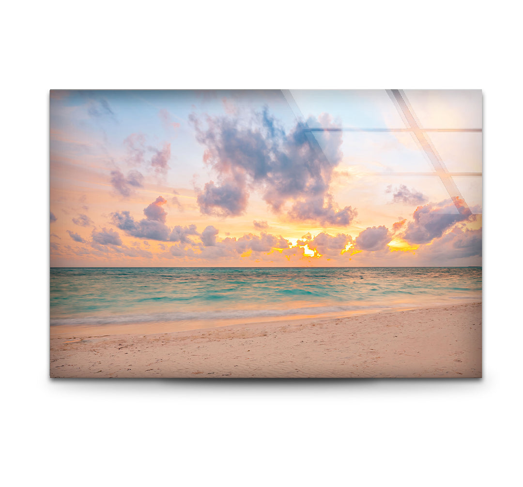 Pastel Beach Sunset Wall Art – Tranquil Ocean Shoreline Glass Print for Calm Spaces
