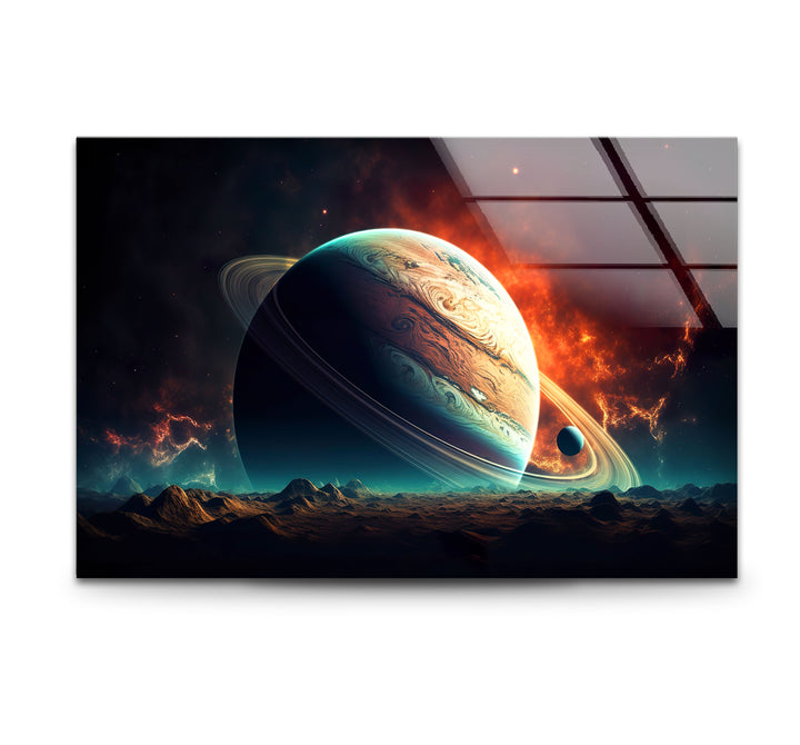 Saturn über fremdem Horizont – Planetenlandschaft, Glaswandkunst 