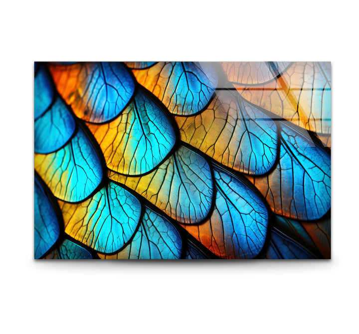 Blue Gold Leaf Texture Wall Art – Abstract Nature Pattern Glass Print