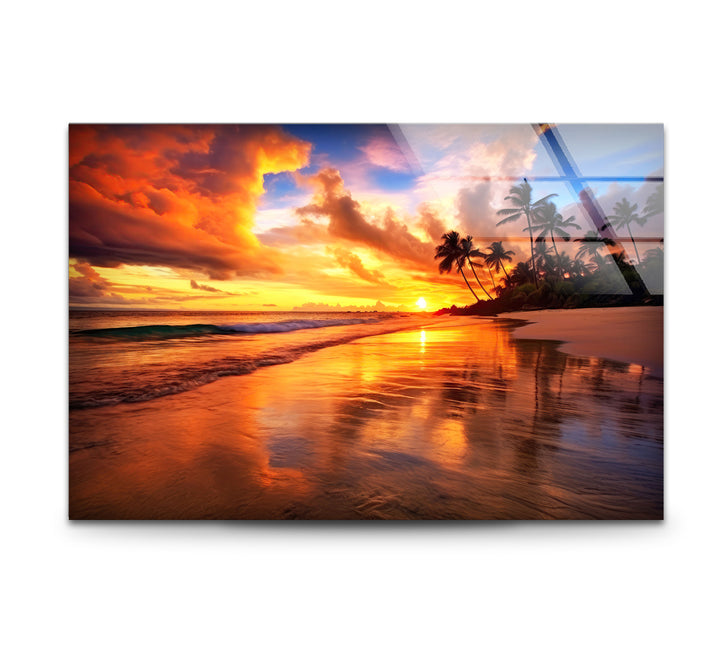 Fiery Tropical Sunset Wall Art – Vibrant Beach Reflection Glass Print for Bold Interiors