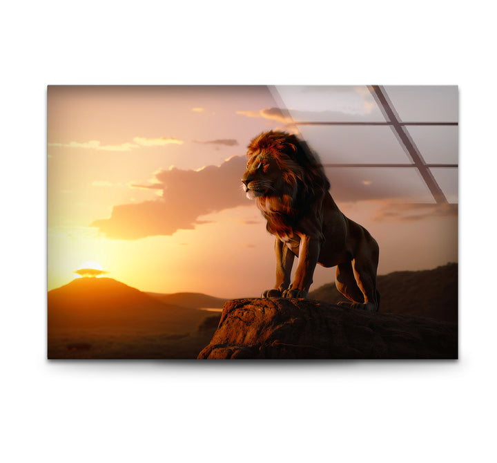 Wandkunst mit Löwe bei Sonnenuntergang – Majestätischer Glasdruck mit Safari-Szene für mutige Innenräume