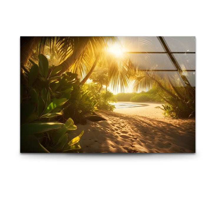 Golden Forest Beach Wall Art – Tropical Palm Tree Pathway Glass Print for Tranquil Nature-Inspired Decor