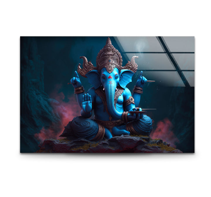 Blaue Ganesha-Wandkunst – Göttliche Hindu-Gottheit – Glasdruck für spirituelles Dekor 